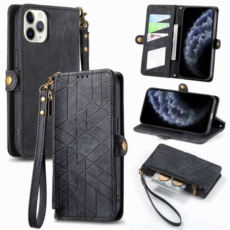 Geometric Zipper Wallet Side Buckle Leather Phone Case, For iPhone 14 Pro Max, For iPhone 7 / 8 / SE 2022, For iPhone 13 Pro Max, For iPhone 13 Pro, For iPhone 13, For iPhone 12 / 12 Pro, For iPhone 12 Pro Max, For iPhone 11 Pro Max