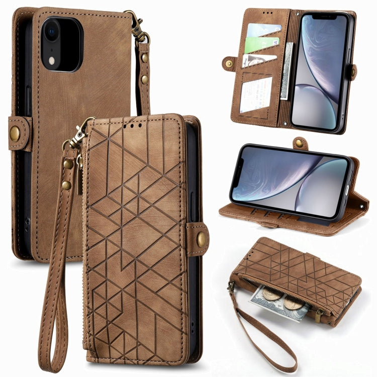 Étui de téléphone en cuir avec boucle latérale et portefeuille zippé géométrique, pour iPhone 11, pour iPhone 11 Pro, pour iPhone X / XS, pour iPhone XR, pour iPhone XS Max, pour iPhone 7 Plus / 8 Plus, pour iPhone 6 Plus / 6s Plus, pour iPhone 6 / 6s