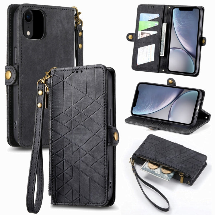 Étui de téléphone en cuir avec boucle latérale et portefeuille zippé géométrique, pour iPhone 11, pour iPhone 11 Pro, pour iPhone X / XS, pour iPhone XR, pour iPhone XS Max, pour iPhone 7 Plus / 8 Plus, pour iPhone 6 Plus / 6s Plus, pour iPhone 6 / 6s