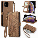 Étui de téléphone en cuir avec boucle latérale et portefeuille zippé géométrique, pour iPhone 11, pour iPhone 11 Pro, pour iPhone X / XS, pour iPhone XR, pour iPhone XS Max, pour iPhone 7 Plus / 8 Plus, pour iPhone 6 Plus / 6s Plus, pour iPhone 6 / 6s