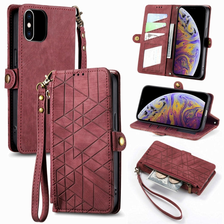 Étui de téléphone en cuir avec boucle latérale et portefeuille zippé géométrique, pour iPhone 11, pour iPhone 11 Pro, pour iPhone X / XS, pour iPhone XR, pour iPhone XS Max, pour iPhone 7 Plus / 8 Plus, pour iPhone 6 Plus / 6s Plus, pour iPhone 6 / 6s