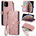 Étui de téléphone en cuir avec boucle latérale et portefeuille zippé géométrique, pour iPhone 11, pour iPhone 11 Pro, pour iPhone X / XS, pour iPhone XR, pour iPhone XS Max, pour iPhone 7 Plus / 8 Plus, pour iPhone 6 Plus / 6s Plus, pour iPhone 6 / 6s