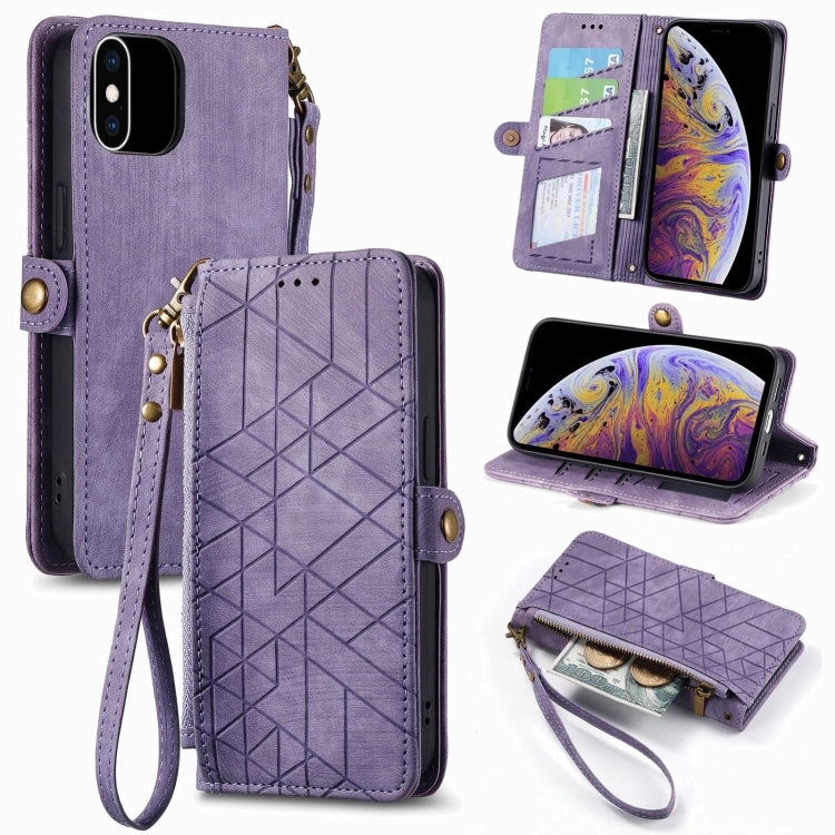 Étui de téléphone en cuir avec boucle latérale et portefeuille zippé géométrique, pour iPhone 11, pour iPhone 11 Pro, pour iPhone X / XS, pour iPhone XR, pour iPhone XS Max, pour iPhone 7 Plus / 8 Plus, pour iPhone 6 Plus / 6s Plus, pour iPhone 6 / 6s