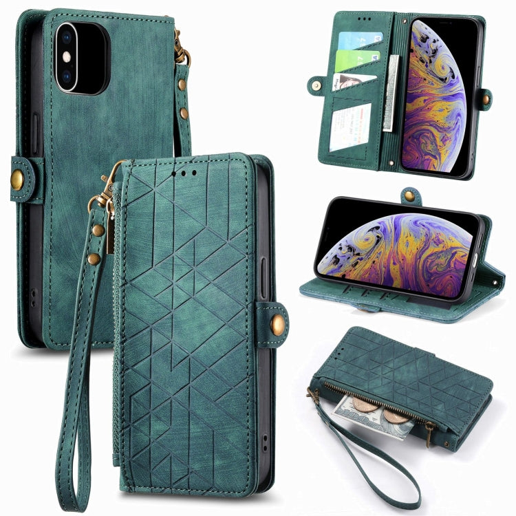 Étui de téléphone en cuir avec boucle latérale et portefeuille zippé géométrique, pour iPhone 11, pour iPhone 11 Pro, pour iPhone X / XS, pour iPhone XR, pour iPhone XS Max, pour iPhone 7 Plus / 8 Plus, pour iPhone 6 Plus / 6s Plus, pour iPhone 6 / 6s