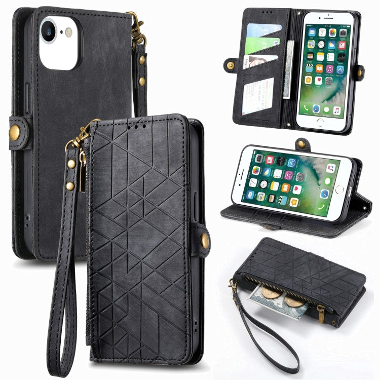 Étui de téléphone en cuir avec boucle latérale et portefeuille zippé géométrique, pour iPhone 11, pour iPhone 11 Pro, pour iPhone X / XS, pour iPhone XR, pour iPhone XS Max, pour iPhone 7 Plus / 8 Plus, pour iPhone 6 Plus / 6s Plus, pour iPhone 6 / 6s