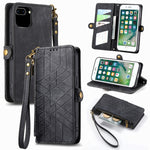 Étui de téléphone en cuir avec boucle latérale et portefeuille zippé géométrique, pour iPhone 11, pour iPhone 11 Pro, pour iPhone X / XS, pour iPhone XR, pour iPhone XS Max, pour iPhone 7 Plus / 8 Plus, pour iPhone 6 Plus / 6s Plus, pour iPhone 6 / 6s