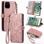 Étui de téléphone en cuir avec boucle latérale et portefeuille zippé géométrique, pour iPhone 11, pour iPhone 11 Pro, pour iPhone X / XS, pour iPhone XR, pour iPhone XS Max, pour iPhone 7 Plus / 8 Plus, pour iPhone 6 Plus / 6s Plus, pour iPhone 6 / 6s