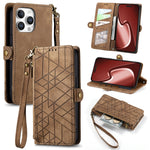 Étui de téléphone en cuir avec fermeture éclair géométrique et boucle latérale, Pour iPhone 17e / 16e, Pour iPhone 17 Pro Max, Pour iPhone 17 Pro, Pour iPhone 17, Pour iPhone Air, Pour iPhone 16 Pro Max, Pour iPhone 16 Pro, Pour iPhone 16 Plus