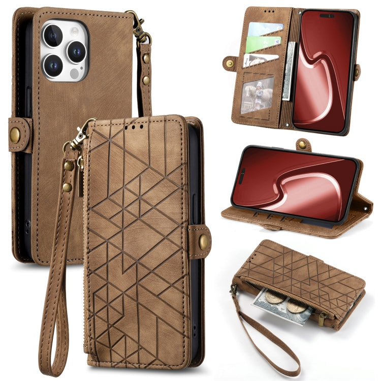 Étui de téléphone en cuir avec fermeture éclair géométrique et boucle latérale, Pour iPhone 17e / 16e, Pour iPhone 17 Pro Max, Pour iPhone 17 Pro, Pour iPhone 17, Pour iPhone Air, Pour iPhone 16 Pro Max, Pour iPhone 16 Pro, Pour iPhone 16 Plus