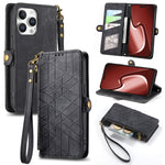 Étui de téléphone en cuir avec fermeture éclair géométrique et boucle latérale, Pour iPhone 17e / 16e, Pour iPhone 17 Pro Max, Pour iPhone 17 Pro, Pour iPhone 17, Pour iPhone Air, Pour iPhone 16 Pro Max, Pour iPhone 16 Pro, Pour iPhone 16 Plus