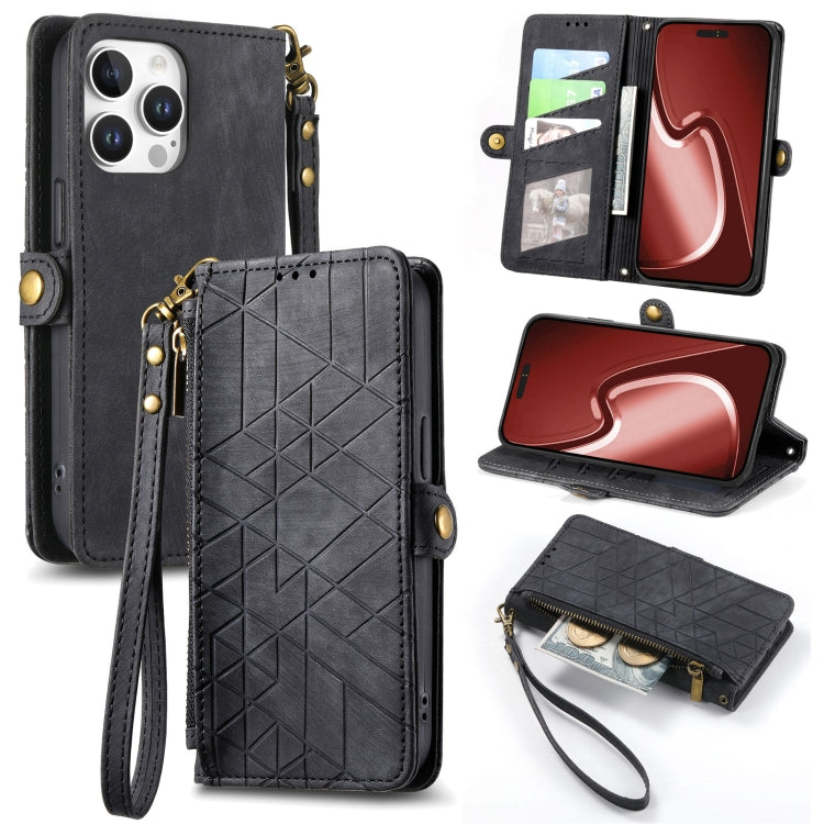 Étui de téléphone en cuir avec fermeture éclair géométrique et boucle latérale, Pour iPhone 17e / 16e, Pour iPhone 17 Pro Max, Pour iPhone 17 Pro, Pour iPhone 17, Pour iPhone Air, Pour iPhone 16 Pro Max, Pour iPhone 16 Pro, Pour iPhone 16 Plus