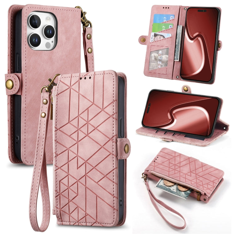 Étui de téléphone en cuir avec fermeture éclair géométrique et boucle latérale, Pour iPhone 17e / 16e, Pour iPhone 17 Pro Max, Pour iPhone 17 Pro, Pour iPhone 17, Pour iPhone Air, Pour iPhone 16 Pro Max, Pour iPhone 16 Pro, Pour iPhone 16 Plus