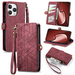 Étui de téléphone en cuir avec fermeture éclair géométrique et boucle latérale, Pour iPhone 17e / 16e, Pour iPhone 17 Pro Max, Pour iPhone 17 Pro, Pour iPhone 17, Pour iPhone Air, Pour iPhone 16 Pro Max, Pour iPhone 16 Pro, Pour iPhone 16 Plus