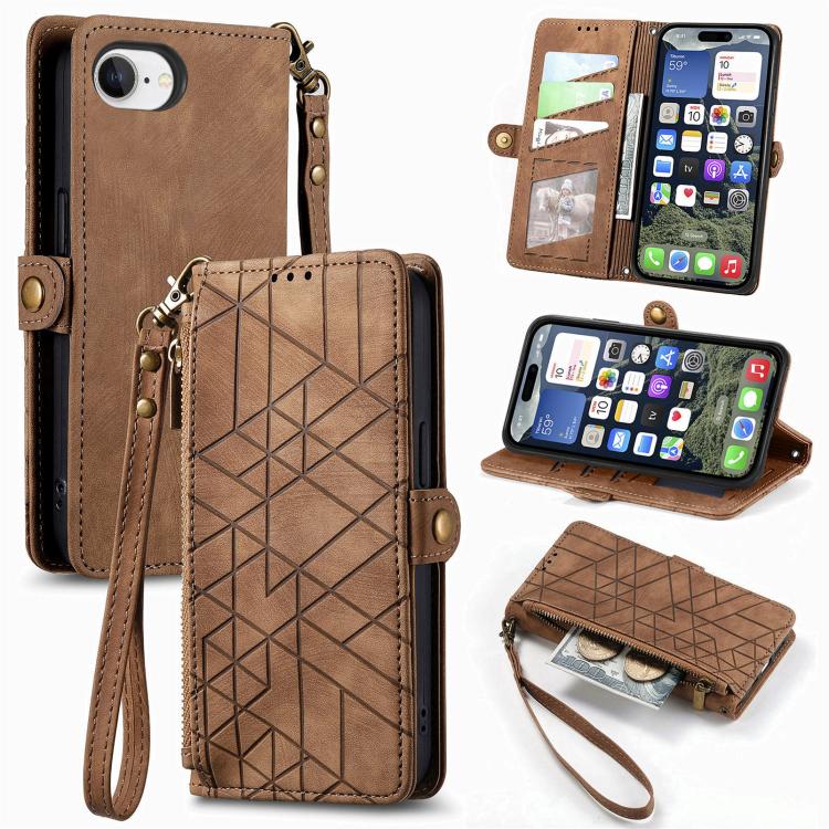 Étui de téléphone en cuir avec fermeture éclair géométrique et boucle latérale, Pour iPhone 17e / 16e, Pour iPhone 17 Pro Max, Pour iPhone 17 Pro, Pour iPhone 17, Pour iPhone Air, Pour iPhone 16 Pro Max, Pour iPhone 16 Pro, Pour iPhone 16 Plus