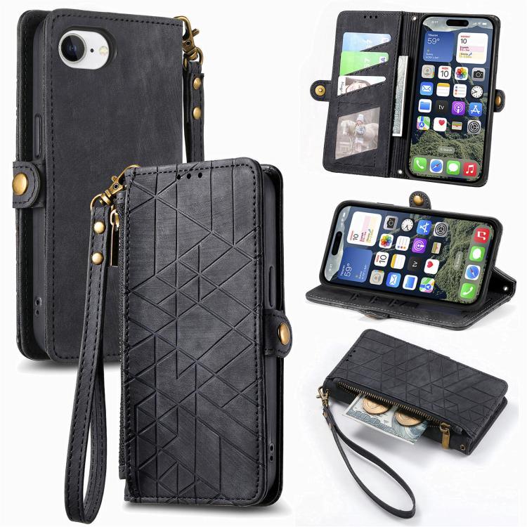Étui de téléphone en cuir avec fermeture éclair géométrique et boucle latérale, Pour iPhone 17e / 16e, Pour iPhone 17 Pro Max, Pour iPhone 17 Pro, Pour iPhone 17, Pour iPhone Air, Pour iPhone 16 Pro Max, Pour iPhone 16 Pro, Pour iPhone 16 Plus