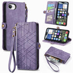 Étui de téléphone en cuir avec fermeture éclair géométrique et boucle latérale, Pour iPhone 17e / 16e, Pour iPhone 17 Pro Max, Pour iPhone 17 Pro, Pour iPhone 17, Pour iPhone Air, Pour iPhone 16 Pro Max, Pour iPhone 16 Pro, Pour iPhone 16 Plus