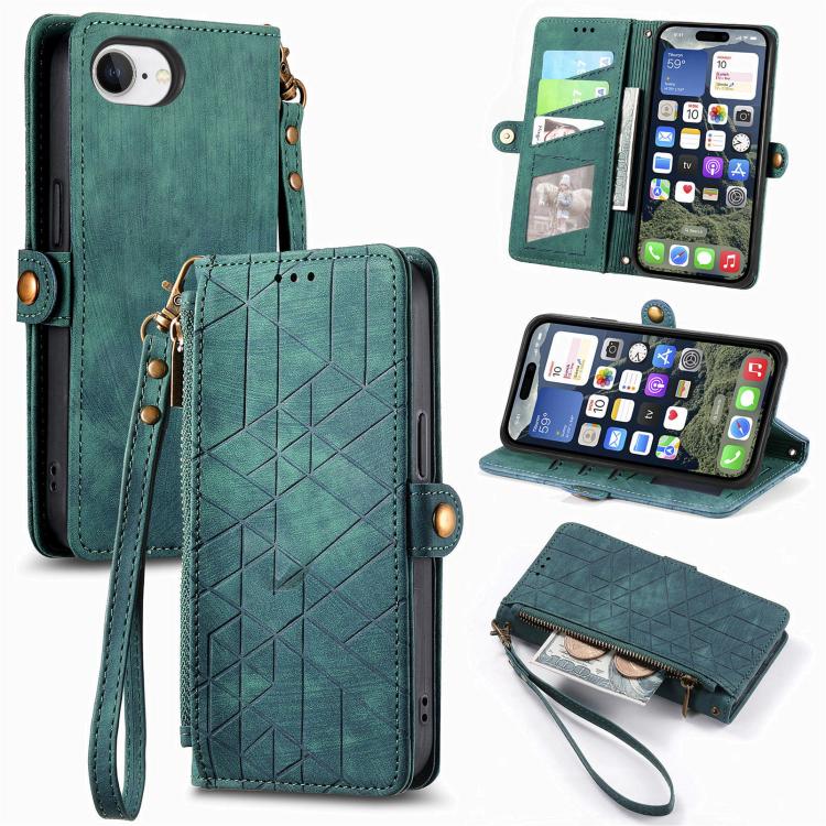 Étui de téléphone en cuir avec fermeture éclair géométrique et boucle latérale, Pour iPhone 17e / 16e, Pour iPhone 17 Pro Max, Pour iPhone 17 Pro, Pour iPhone 17, Pour iPhone Air, Pour iPhone 16 Pro Max, Pour iPhone 16 Pro, Pour iPhone 16 Plus