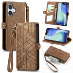 Étui de téléphone en cuir avec fermeture éclair géométrique et boucle latérale, Pour iPhone 17e / 16e, Pour iPhone 17 Pro Max, Pour iPhone 17 Pro, Pour iPhone 17, Pour iPhone Air, Pour iPhone 16 Pro Max, Pour iPhone 16 Pro, Pour iPhone 16 Plus