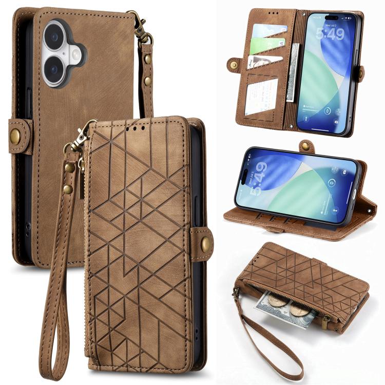 Étui de téléphone en cuir avec fermeture éclair géométrique et boucle latérale, Pour iPhone 17e / 16e, Pour iPhone 17 Pro Max, Pour iPhone 17 Pro, Pour iPhone 17, Pour iPhone Air, Pour iPhone 16 Pro Max, Pour iPhone 16 Pro, Pour iPhone 16 Plus