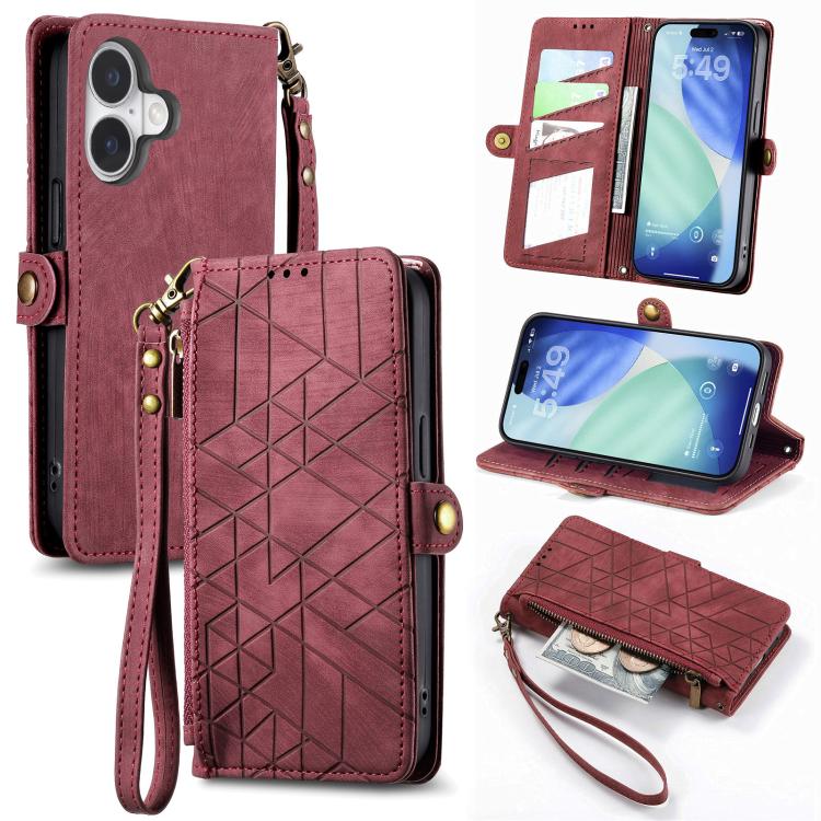 Étui de téléphone en cuir avec fermeture éclair géométrique et boucle latérale, Pour iPhone 17e / 16e, Pour iPhone 17 Pro Max, Pour iPhone 17 Pro, Pour iPhone 17, Pour iPhone Air, Pour iPhone 16 Pro Max, Pour iPhone 16 Pro, Pour iPhone 16 Plus