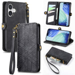 Étui de téléphone en cuir avec fermeture éclair géométrique et boucle latérale, Pour iPhone 17e / 16e, Pour iPhone 17 Pro Max, Pour iPhone 17 Pro, Pour iPhone 17, Pour iPhone Air, Pour iPhone 16 Pro Max, Pour iPhone 16 Pro, Pour iPhone 16 Plus