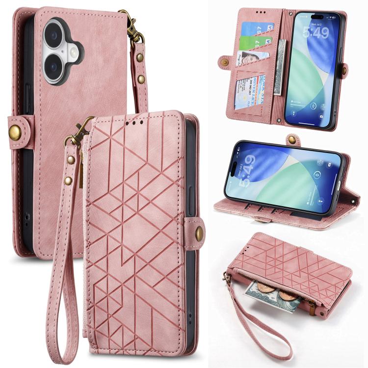 Étui de téléphone en cuir avec fermeture éclair géométrique et boucle latérale, Pour iPhone 17e / 16e, Pour iPhone 17 Pro Max, Pour iPhone 17 Pro, Pour iPhone 17, Pour iPhone Air, Pour iPhone 16 Pro Max, Pour iPhone 16 Pro, Pour iPhone 16 Plus