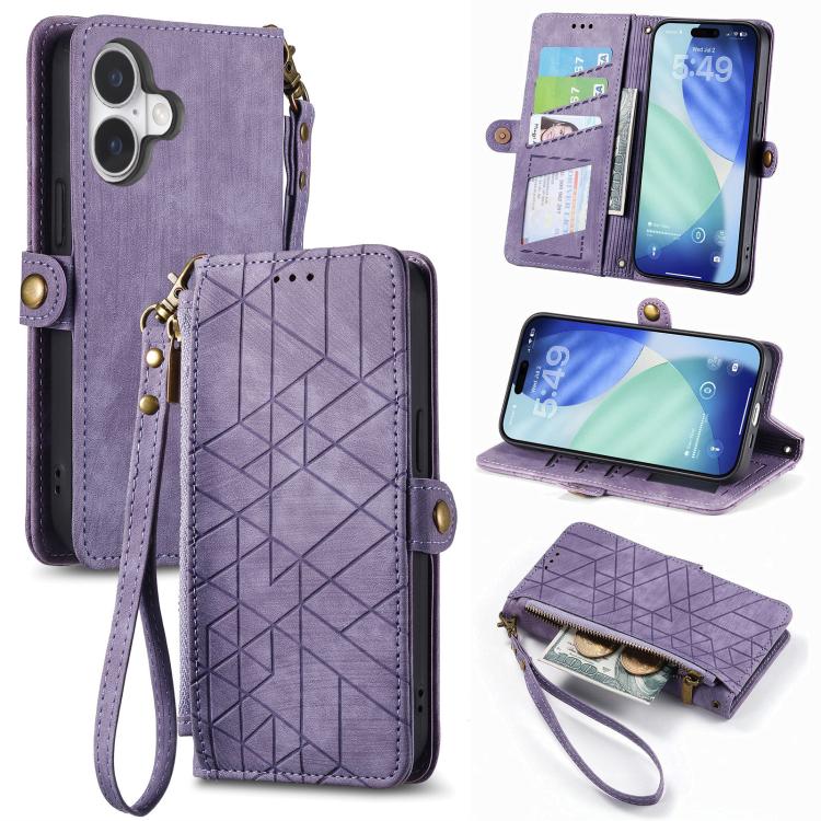 Étui de téléphone en cuir avec fermeture éclair géométrique et boucle latérale, Pour iPhone 17e / 16e, Pour iPhone 17 Pro Max, Pour iPhone 17 Pro, Pour iPhone 17, Pour iPhone Air, Pour iPhone 16 Pro Max, Pour iPhone 16 Pro, Pour iPhone 16 Plus