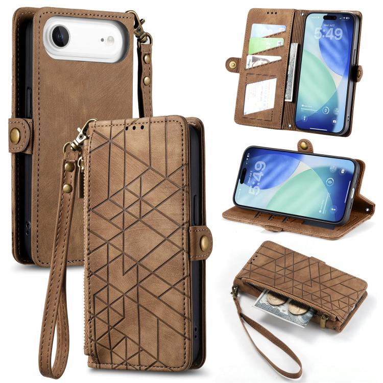 Étui de téléphone en cuir avec fermeture éclair géométrique et boucle latérale, Pour iPhone 17e / 16e, Pour iPhone 17 Pro Max, Pour iPhone 17 Pro, Pour iPhone 17, Pour iPhone Air, Pour iPhone 16 Pro Max, Pour iPhone 16 Pro, Pour iPhone 16 Plus