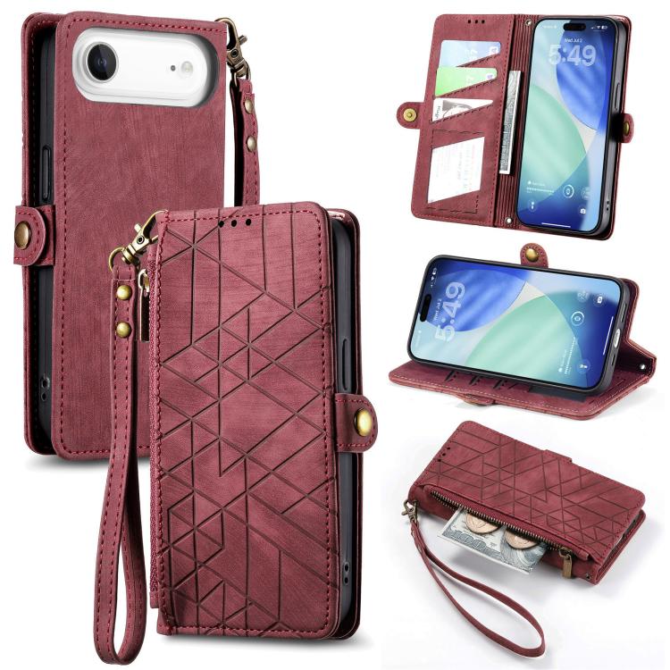 Étui de téléphone en cuir avec fermeture éclair géométrique et boucle latérale, Pour iPhone 17e / 16e, Pour iPhone 17 Pro Max, Pour iPhone 17 Pro, Pour iPhone 17, Pour iPhone Air, Pour iPhone 16 Pro Max, Pour iPhone 16 Pro, Pour iPhone 16 Plus