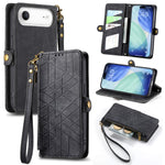 Étui de téléphone en cuir avec fermeture éclair géométrique et boucle latérale, Pour iPhone 17e / 16e, Pour iPhone 17 Pro Max, Pour iPhone 17 Pro, Pour iPhone 17, Pour iPhone Air, Pour iPhone 16 Pro Max, Pour iPhone 16 Pro, Pour iPhone 16 Plus
