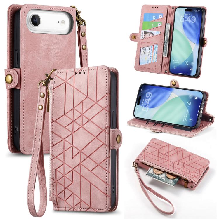 Étui de téléphone en cuir avec fermeture éclair géométrique et boucle latérale, Pour iPhone 17e / 16e, Pour iPhone 17 Pro Max, Pour iPhone 17 Pro, Pour iPhone 17, Pour iPhone Air, Pour iPhone 16 Pro Max, Pour iPhone 16 Pro, Pour iPhone 16 Plus