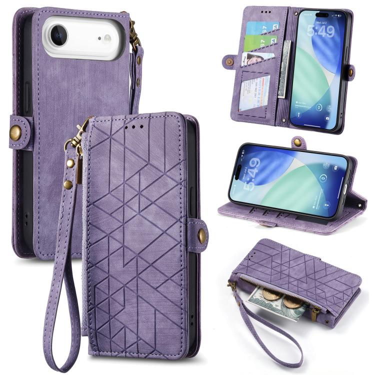Étui de téléphone en cuir avec fermeture éclair géométrique et boucle latérale, Pour iPhone 17e / 16e, Pour iPhone 17 Pro Max, Pour iPhone 17 Pro, Pour iPhone 17, Pour iPhone Air, Pour iPhone 16 Pro Max, Pour iPhone 16 Pro, Pour iPhone 16 Plus