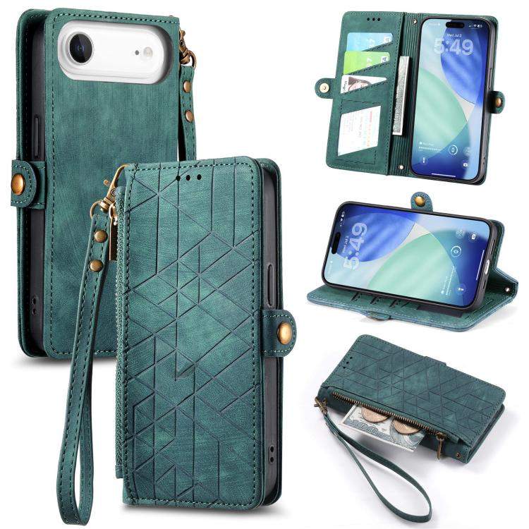 Étui de téléphone en cuir avec fermeture éclair géométrique et boucle latérale, Pour iPhone 17e / 16e, Pour iPhone 17 Pro Max, Pour iPhone 17 Pro, Pour iPhone 17, Pour iPhone Air, Pour iPhone 16 Pro Max, Pour iPhone 16 Pro, Pour iPhone 16 Plus