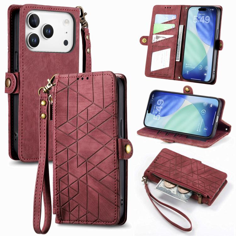 Étui de téléphone en cuir avec fermeture éclair géométrique et boucle latérale, Pour iPhone 17e / 16e, Pour iPhone 17 Pro Max, Pour iPhone 17 Pro, Pour iPhone 17, Pour iPhone Air, Pour iPhone 16 Pro Max, Pour iPhone 16 Pro, Pour iPhone 16 Plus