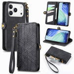 Étui de téléphone en cuir avec fermeture éclair géométrique et boucle latérale, Pour iPhone 17e / 16e, Pour iPhone 17 Pro Max, Pour iPhone 17 Pro, Pour iPhone 17, Pour iPhone Air, Pour iPhone 16 Pro Max, Pour iPhone 16 Pro, Pour iPhone 16 Plus