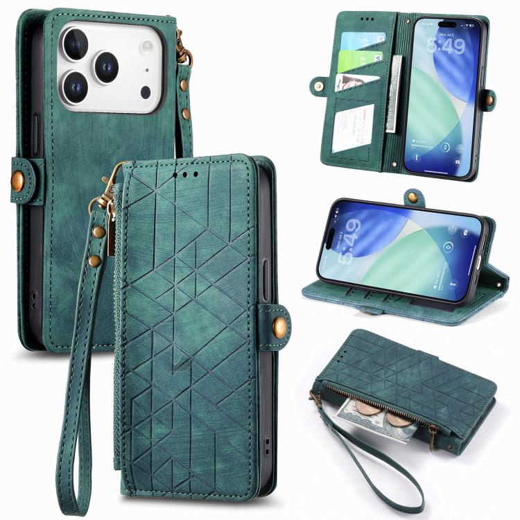 Étui de téléphone en cuir avec fermeture éclair géométrique et boucle latérale, Pour iPhone 17e / 16e, Pour iPhone 17 Pro Max, Pour iPhone 17 Pro, Pour iPhone 17, Pour iPhone Air, Pour iPhone 16 Pro Max, Pour iPhone 16 Pro, Pour iPhone 16 Plus
