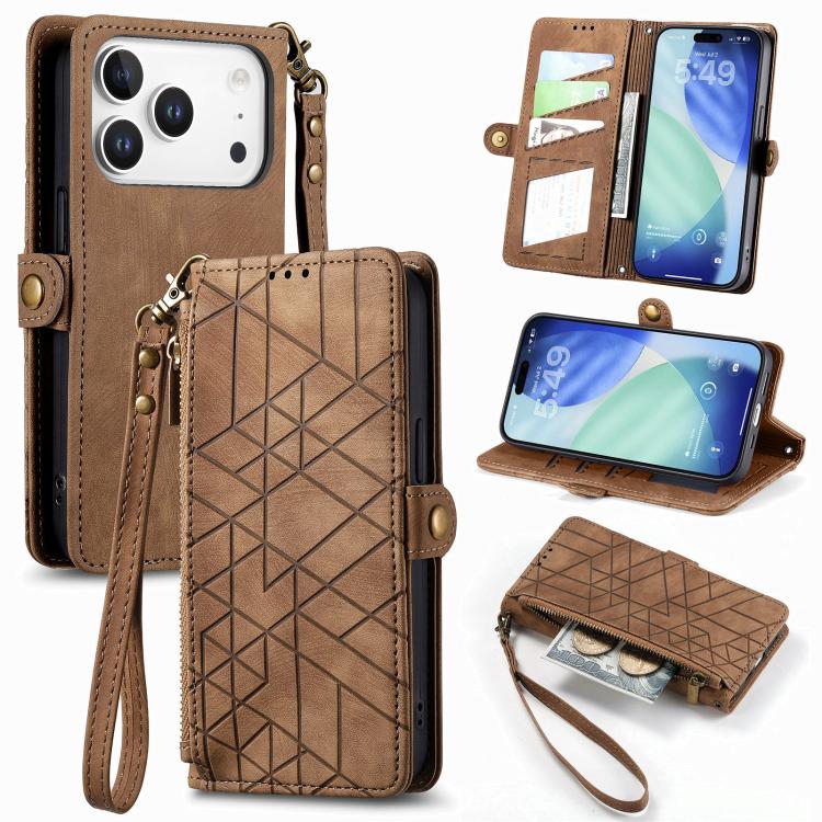 Étui de téléphone en cuir avec fermeture éclair géométrique et boucle latérale, Pour iPhone 17e / 16e, Pour iPhone 17 Pro Max, Pour iPhone 17 Pro, Pour iPhone 17, Pour iPhone Air, Pour iPhone 16 Pro Max, Pour iPhone 16 Pro, Pour iPhone 16 Plus
