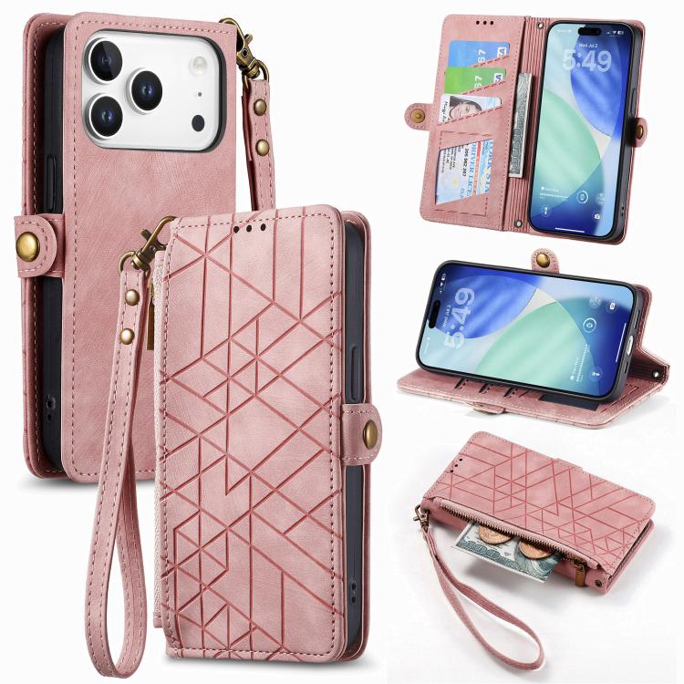 Étui de téléphone en cuir avec fermeture éclair géométrique et boucle latérale, Pour iPhone 17e / 16e, Pour iPhone 17 Pro Max, Pour iPhone 17 Pro, Pour iPhone 17, Pour iPhone Air, Pour iPhone 16 Pro Max, Pour iPhone 16 Pro, Pour iPhone 16 Plus