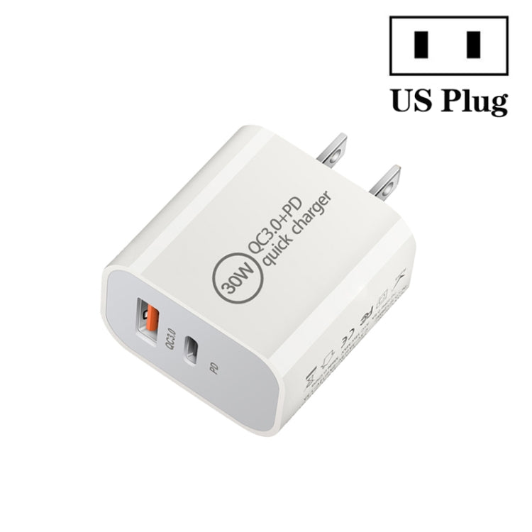 Chargeur double port PD30W USB-C / Type-C + QC3.0 USB, prise EU, prise US, prise AU