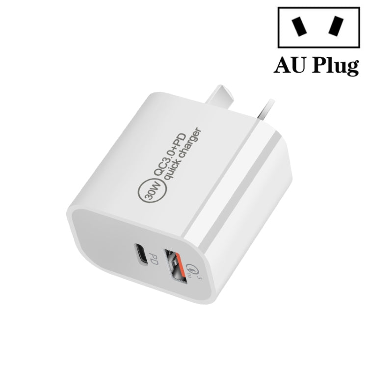 Chargeur double port PD30W USB-C / Type-C + QC3.0 USB, prise EU, prise US, prise AU