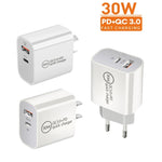 Chargeur double port PD30W USB-C / Type-C + QC3.0 USB, prise EU, prise US, prise AU