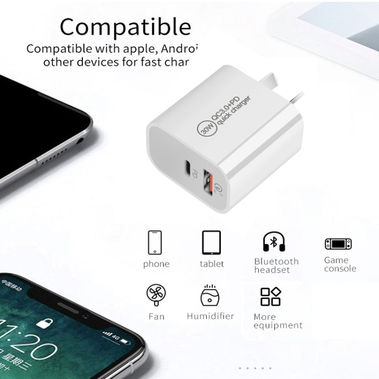 Chargeur double port PD30W USB-C / Type-C + QC3.0 USB, prise EU, prise US, prise AU