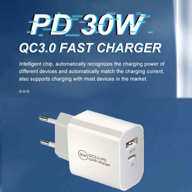 Chargeur double port PD30W USB-C / Type-C + QC3.0 USB, prise EU, prise US, prise AU