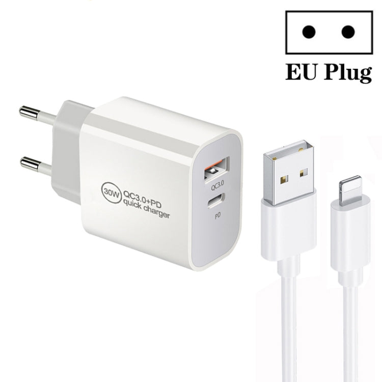 Chargeur double port PD30W USB-C / Type-C + QC3.0 USB avec câble de données USB vers 8 broches de 1m, prise EU, prise US, prise AU