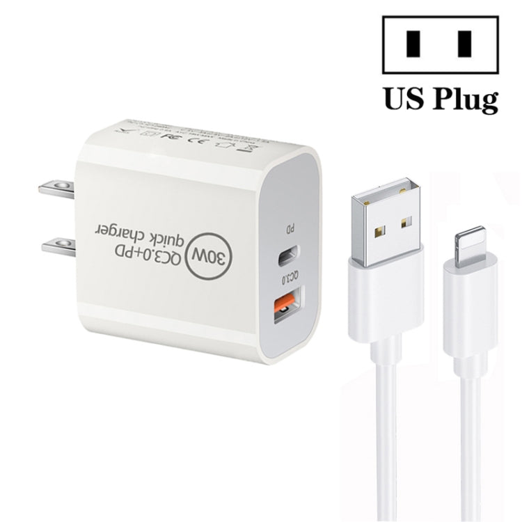 Chargeur double port PD30W USB-C / Type-C + QC3.0 USB avec câble de données USB vers 8 broches de 1m, prise EU, prise US, prise AU
