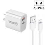 Chargeur double port PD30W USB-C / Type-C + QC3.0 USB avec câble de données USB vers 8 broches de 1m, prise EU, prise US, prise AU