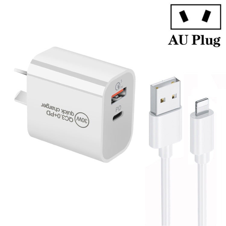 Chargeur double port PD30W USB-C / Type-C + QC3.0 USB avec câble de données USB vers 8 broches de 1m, prise EU, prise US, prise AU