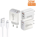 Chargeur double port PD30W USB-C / Type-C + QC3.0 USB avec câble de données USB vers 8 broches de 1m, prise EU, prise US, prise AU