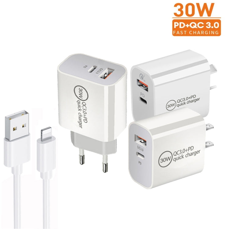 Chargeur double port PD30W USB-C / Type-C + QC3.0 USB avec câble de données USB vers 8 broches de 1m, prise EU, prise US, prise AU