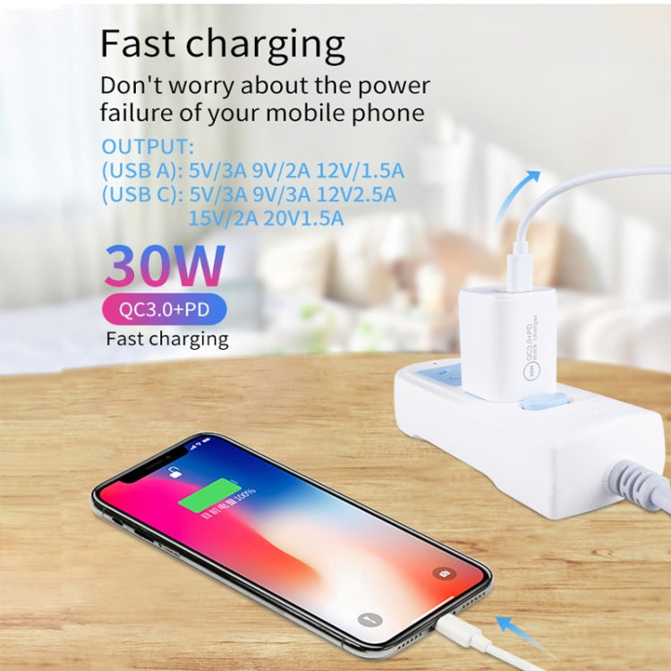 Chargeur double port PD30W USB-C / Type-C + QC3.0 USB avec câble de données USB vers 8 broches de 1m, prise EU, prise US, prise AU